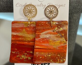 Polymer clay red and gold rectangle drop earrings