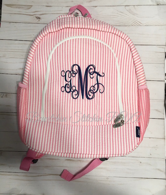 Personalized Full Size Pink Seersucker Backpack Set , Personalized Seersucker Backpack, Seersucker Lunch Tote, Pink School Bag