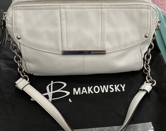 Vintage B Makowsky White Leather Shoulder Bag, Dustbag, Twilly, EC