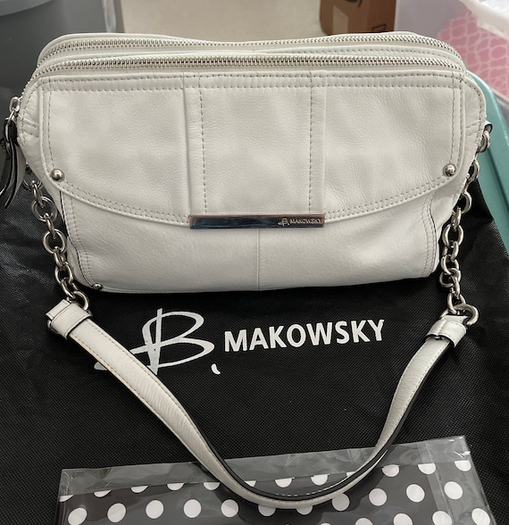 Vintage B Makowsky White Leather Shoulder Bag, Dustbag, Twilly, EC