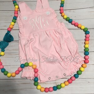 Personalized Pink Ruffled Sunsuit, Knit Sun Bubble, Toddler Sunsuit, Girls Sunsuit
