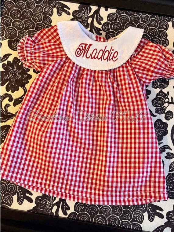 Personalized Girls Red Gingham Bishop Dress, Gingham Bishop Dress, Baby Bishop Dress, Toddler Bishop Dress, Monogrammed Dress