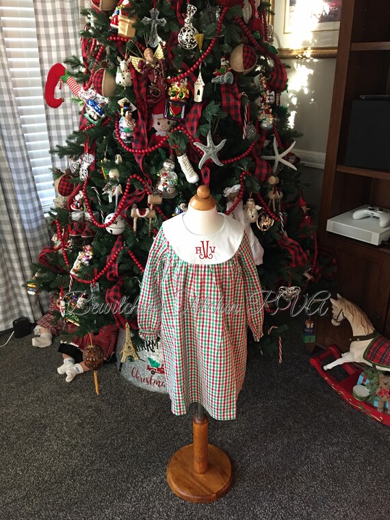 Personalized Girls Christmas Dress, Christmas Plaid Bishop Dress, Christmas Gingham Dress, Monogrammed Christmas Plaid Dress