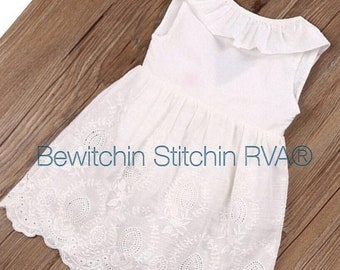 Monogrammed White Eyelet Dress, White Dress, Beach Dress, Flower Girl Dress, Toddlers, Girls, 3/4 Privacy Lining