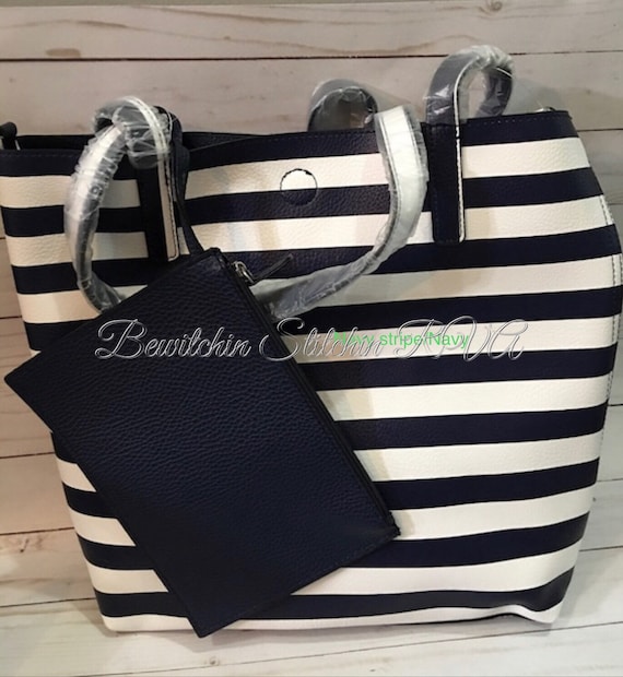 Monogrammed Navy Stripe Vegan Leather Tote Bag, Purse, Reversible, Embroidered, Pebble Grained Tote, Microfiber Tote