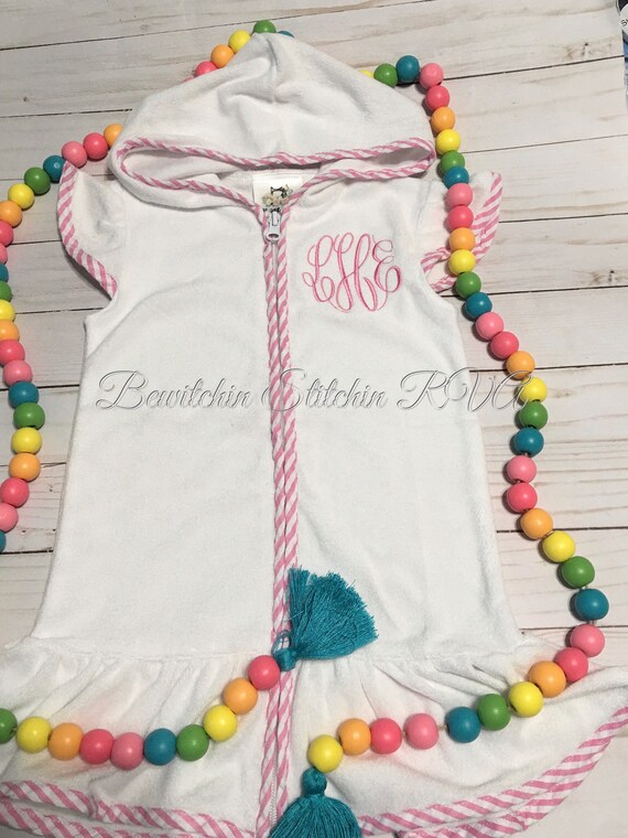 Personalized Girls Swimsuit Cover-Up, Cotton Terry Cloth,White, Pink Trim, Green Trim, Baby, Toddler, Girls