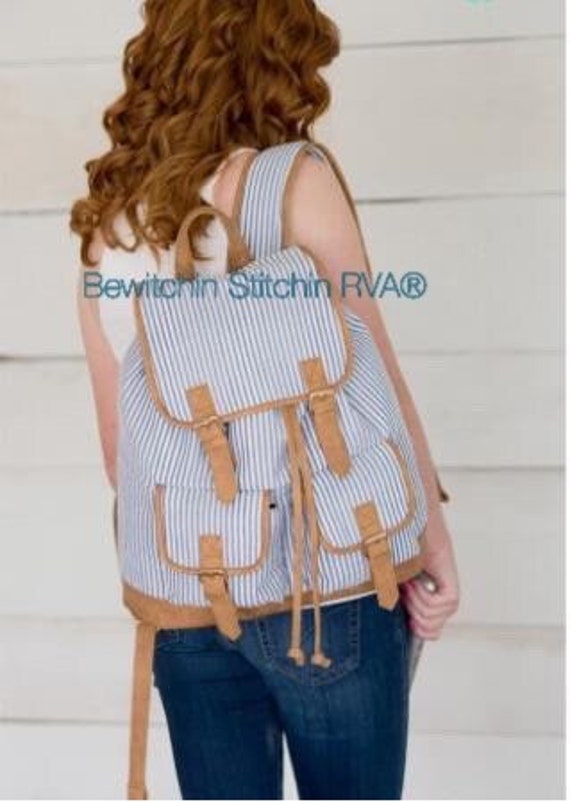 Peronalized Seersucker Backpack, Campus Backpack, Seersucker Backpack, Blue Seersucker Backpack, Large Backpack