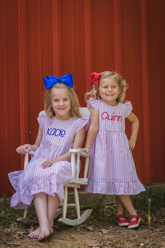 Personalized Girls Patriotic Striped Seersucker Dress, Fully Lined, Red, White, Blue Monogrammed Dress,4th of July Dress