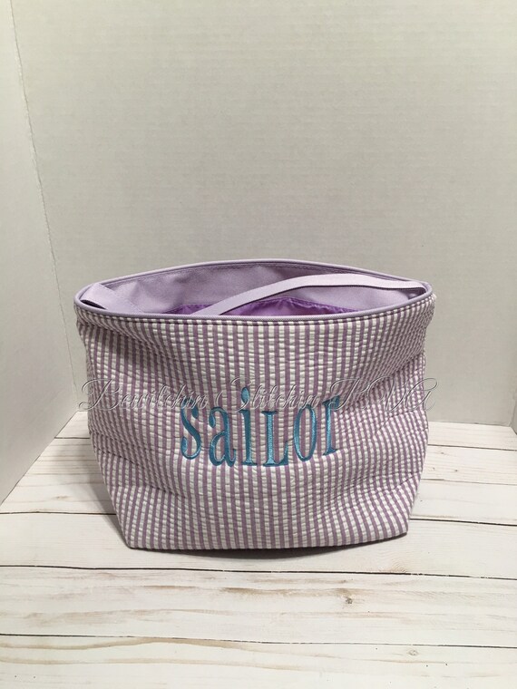 Monogrammed Lavender Seersucker Basket, Seersucker Easter Bucket, Seersucker Easter Egg Tote, Embroidered, NOT VINYL