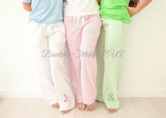 Monogrammed Ladies Pink Seersucker Lounge Pants or Tee, Lounge Pants Set, Seersucker Pajama Pants, White, Blue, Green
