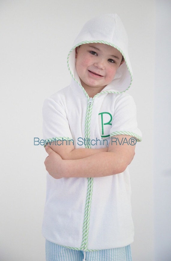 Personalized Swimsuit Cover-Up, Babies, Toddlers, Boys, White, Blue Seersucker Trim, Red Trim, Green Trim, Embroidered, Monogrammed