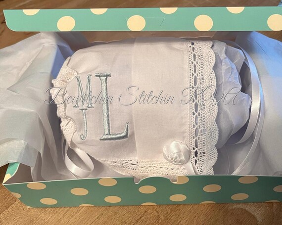 Monogrammed Handkerchief Baby Bonnet With Poem, Magic Baby Bonnet, Christening Bonnet, Keepsake Handkerchief Bonnet with Box, Handmade