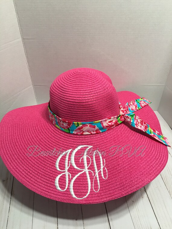 Monogrammed Coral Floppy Hat, Straw Hat, Beach Hat, Bridesmaid Gift, White, Black, Navy, Coral, Hot Pink, Aqua
