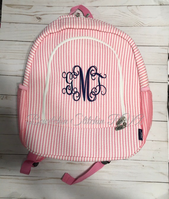 Monogrammed Pink Full Size Seersucker Backpack Set, Personalized Seersucker Lunch Tote, Full Size Pink Backpack, Pink School Bag