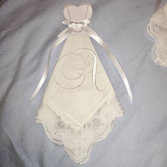 Handkerchief Bride, Personalized, Bridesmaid Gift, Wedding Favor, White With Lace Trim