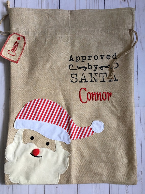 Personalized Santa Bag, Santa Present Bag, Santa Bag, Christmas Sack, Reindeer, Santa, Jute/Linen, EMBROIDERED, NOT VINYL
