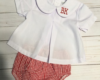 Personalized Peter Pan Collar Shirt and Baby Bloomers, Baby Diaper Set, Monogrammed Peter Pan Collar Top, Gingham Baby Bloomers