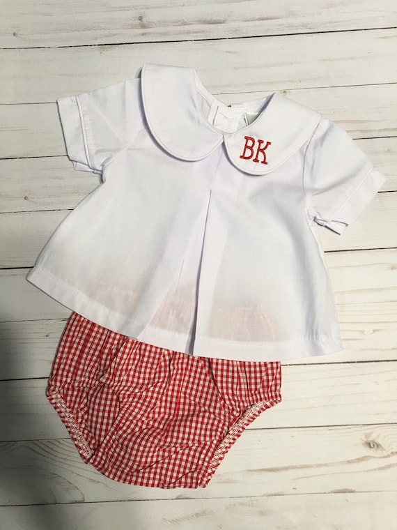 Personalized Peter Pan Collar Shirt and Baby Bloomers, Baby Diaper Set, Monogrammed Peter Pan Collar Top, Gingham Baby Bloomers