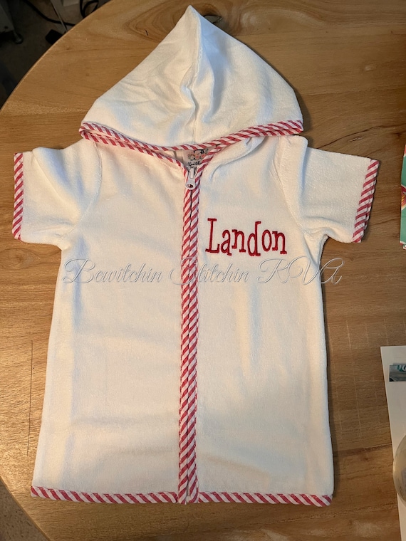 Personalized Swimsuit Cover-Up, Babies, Toddlers, Boys, White, Blue Seersucker Trim, Red Trim, Green Trim, Monogrammed, Size Up