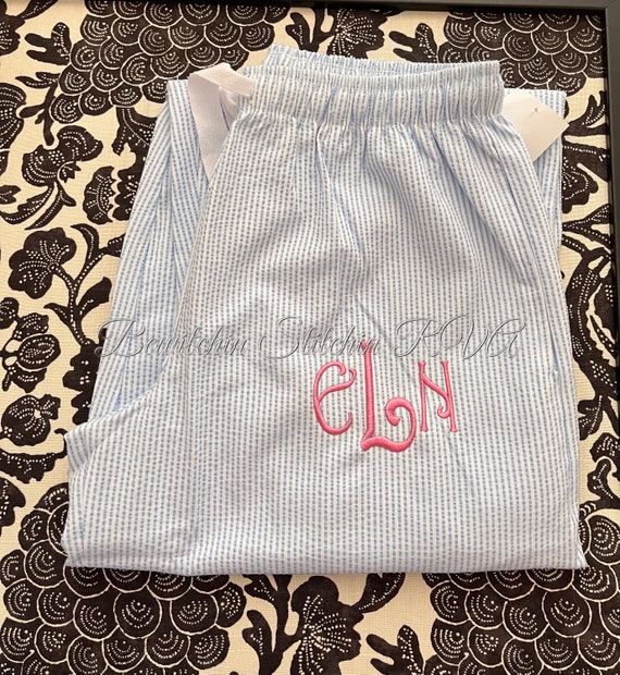 Monogrammed Ladies Blue Lounge Pants, Seersucker Pajama Set, Seersucker Pajama Pants and Tee, Pink,Green, White