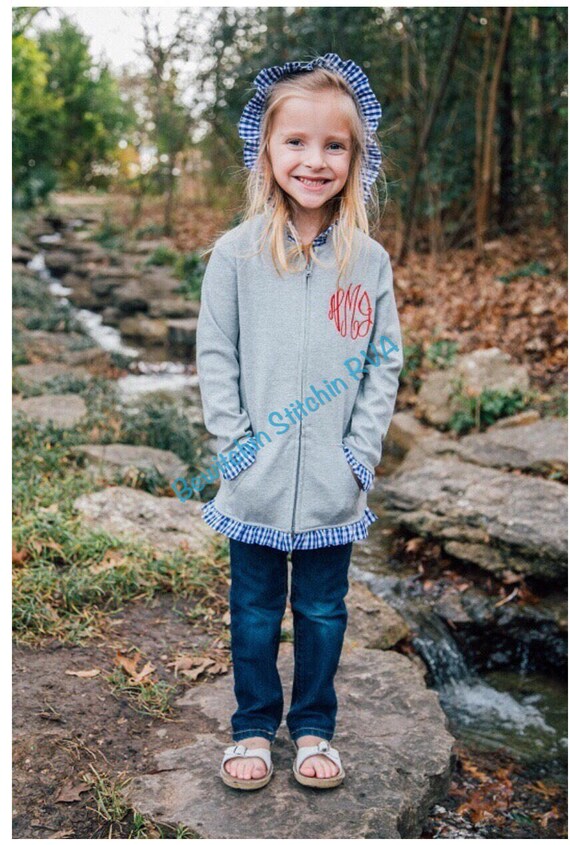 Personalized Zip Front Jacket, Hoodie, Babies, Toddlers, Girls, Embroidered, Gray, Navy Gingham Trim