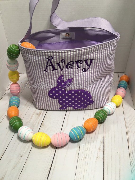 Personalized Lavender Seersucker Bunny Basket, Bunny Applique Easter Basket,Easter Bunny Tote,Easter Bunny Bucket,Embroidered NOT VINYL