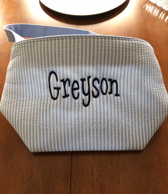 Monogrammed Blue Seersucker Basket, Seersucker Easter Bucket, Seersucker Easter Egg Tote, Embroidered, NOT VINYL