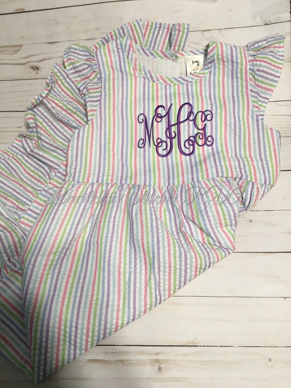 Personalized Rainbow Stripe Seersucker Dress, Girls Easter Dress, Toddler Seersucker Dress, Baby Seersucker Dress, Easter Dress