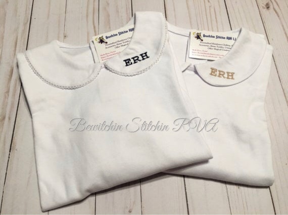 Personalized Peter Pan collar shirt, top, long sleeves, white, babies, toddlers, girls, Lace Trim Collar or Plain Collar, Ships Free