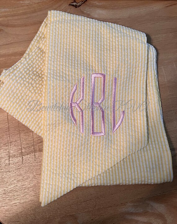 Personalized Newborn Yellow Seersucker Baby Sash, Baby Bow, Maternity Sash, Bride Sash, Pink, Blue, Gray Yellow, Lavender, White, Green