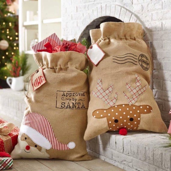 Personalized Santa Bag, Santa Present Bag, Santa Bag, Christmas Sack, Reindeer, Santa, Jute/Linen, EMBROIDERED, NOT VINYL