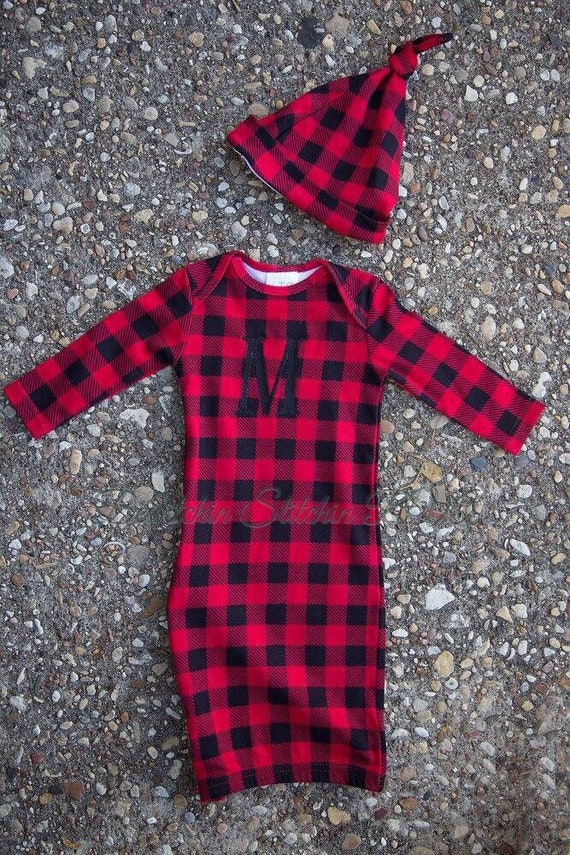 Personalized Unisex Baby Christmas Gown, Christmas Stripe Baby Gown, Buffalo Check Baby Gown, Baby Christmas Sack Gown, FREE HAT