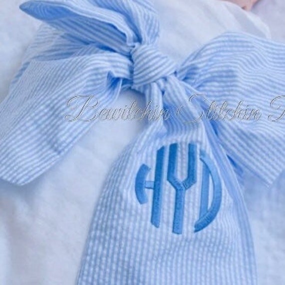 Personalized Newborn Blue Seersucker Baby Sash, Swaddle Sash, Maternity Sash, Bride Sash, Pink, Gray Yellow, Lavender, White, Green