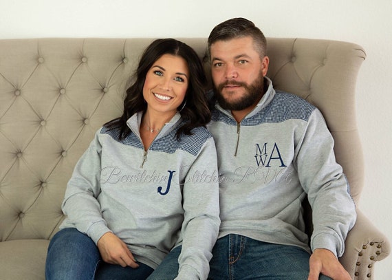 Monogrammed Gray Unisex Quarter Zip Pullover, Preppy Adult Unisex Pullover, Bailey & Beau Pullover, Gingham Trimmed Pullover