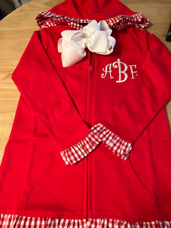 Personalized Girls Zip Front Hooded Jacket, Cotton Knit Ruffled Hooded Jacket,  Hooded Jacket with Ruffled Gingham Trim