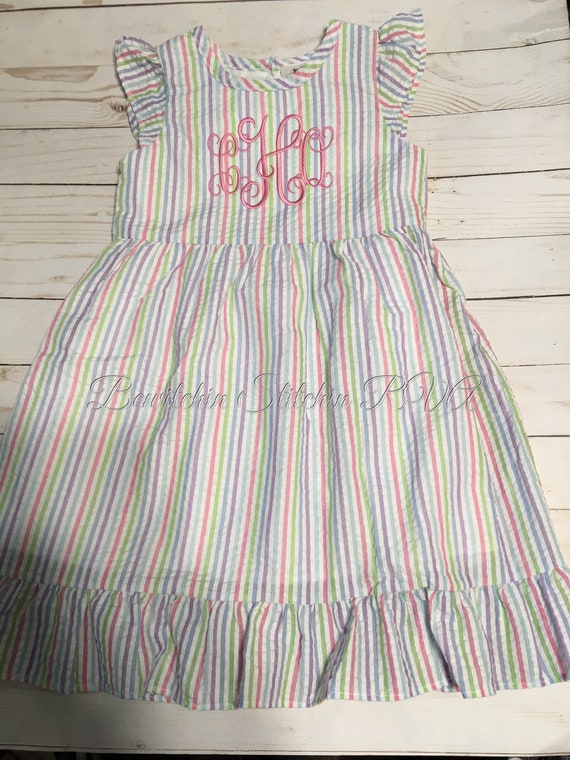 Personalized Pastel Stripe Seersucker Dress, Girls Easter Dress, Toddler Seersucker Dress, Baby Seersucker Dress, Easter Dress