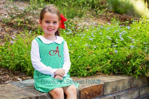 Personalized Gingham Jumper Dress, Christmas Dress, Babies, Toddlers, Girls, navy, red, green, maroon
