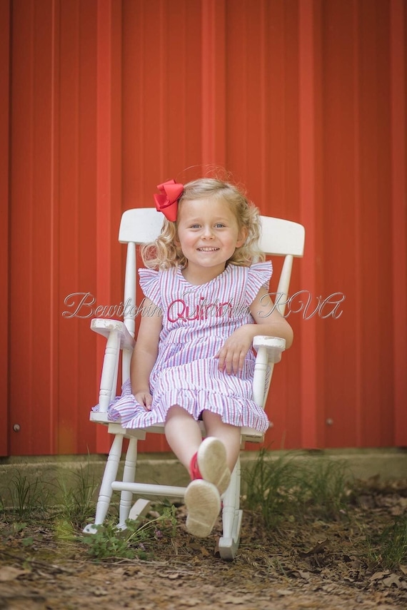 Monogrammed Baby Girl Red, White, Blue Seersucker Dress, Fully Lined, Patriotic Red, White, and Blue, Monogrammed Dress, Memorial Day Dress