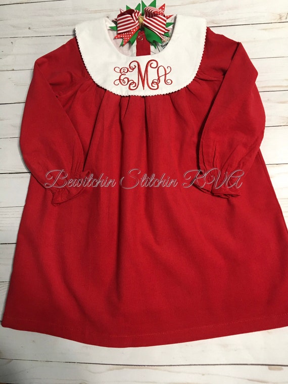 Monogrammed Red Corduroy Bishop Collar Dress, Knee Length Dress, Girls Christmas Dress, Toddler Bishop Dress, Baby Christmas Dress