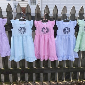 Monogrammed Girls Purple Seersucker Dress, Fully Lined Seersucker Dress, Baby Dress, Toddler Dress, Pink, Red, Navy, Lt Blue, Aqua, Green