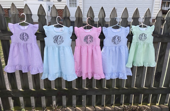 Monogrammed Girls Aqua Seersucker Dress, Fully Lined Seersucker Dress, Baby Dress, Toddler Dress, Pink, Red, Navy, Lt Blue, Purple, Green