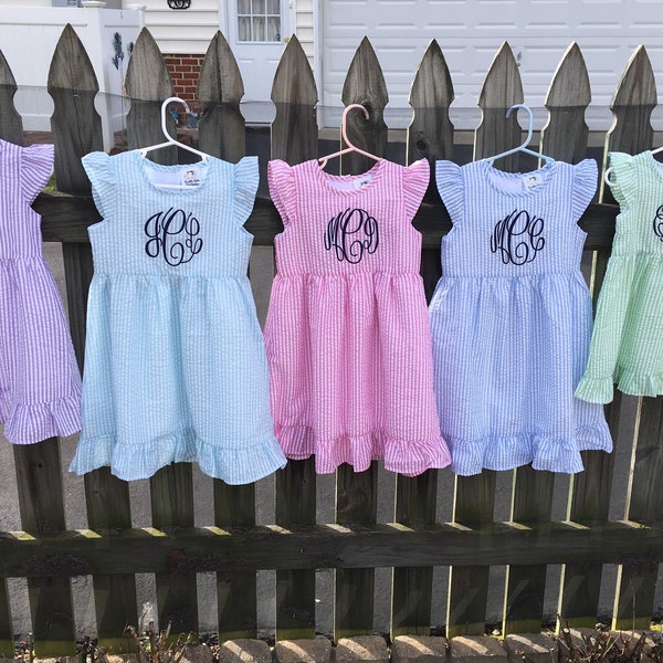 Monogrammed Girls Seersucker Dress, Fully Lined Seersucker Dress, Baby Dress, Toddler Dress, Pink, Red, Navy, Lt Blue, Purple, Aqua, Green