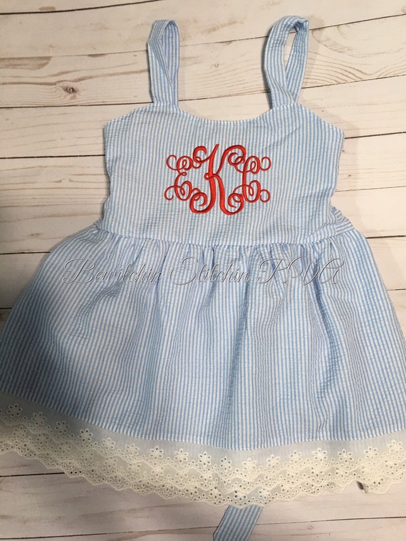 Personalized Seersucker Sundress, Dress, Eyelet Trim, Toddler, Girls, Blue Seersucker