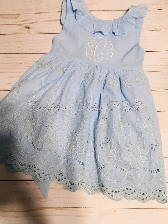 Personalized Blue Eyelet Flower Girl Dress, Girls Blue Eyelet Dress, Toddler Blue Eyelet Dress, Eyelet Dress, Monogrammed Blue Eyelet Dress