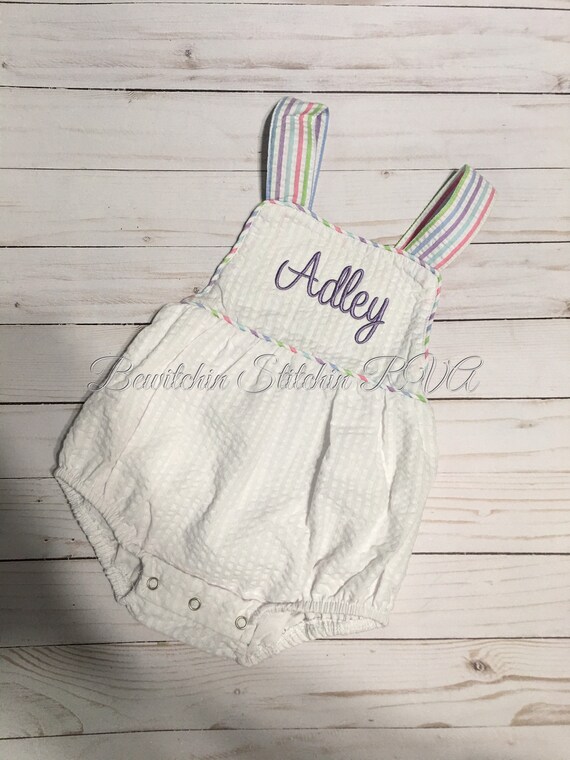 Monogrammed Girls Sunsuit, Unisex Seersucker Baby Sunsuit, Unisex Toddler Sunsuit, Seersucker Baby Bubble, Seersucker Toddler Bubble
