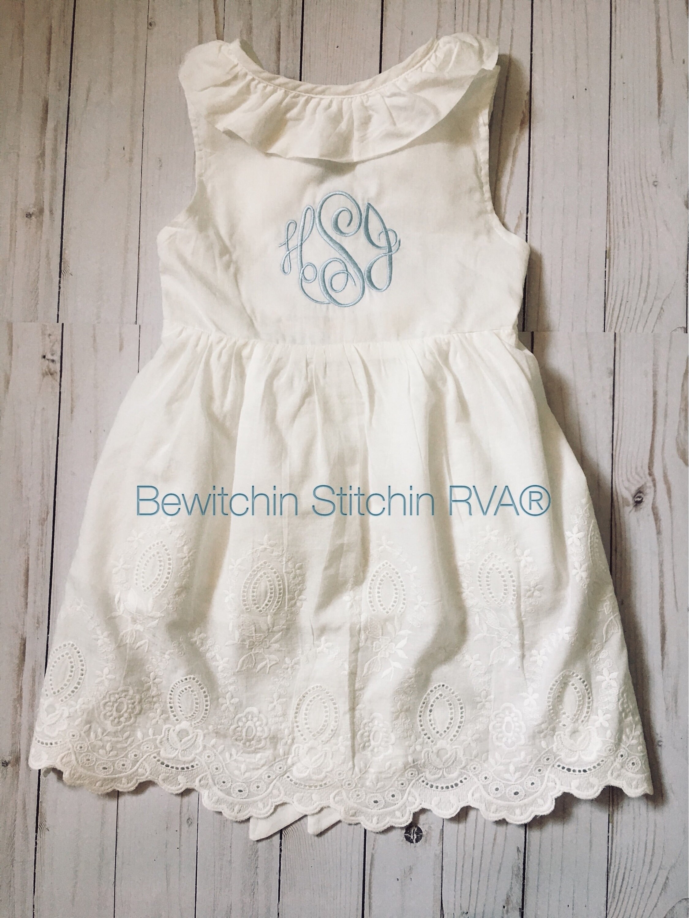 Flower Girl Dress Monogrammed White Eyelet Dress Beach