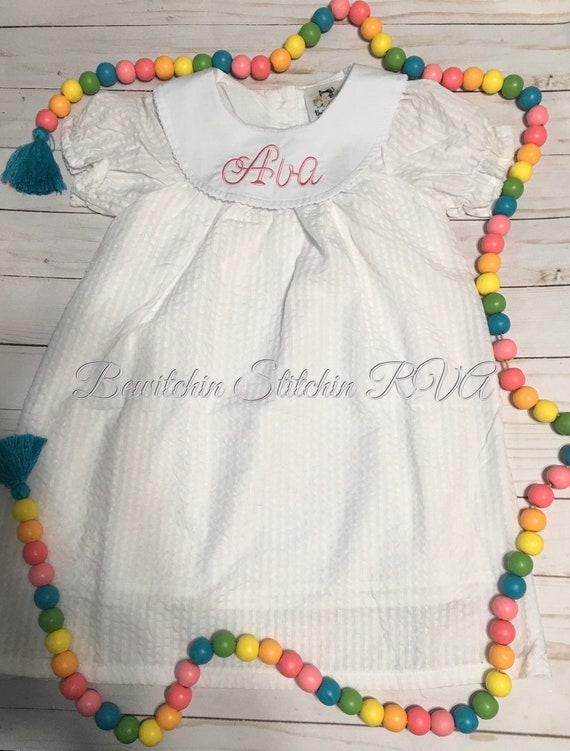 Personalized Girls White Seersucker Bishop Dress, White Flower Girl Dress, Baby Christening Dress, Toddler Bishop Dress, Monogrammed Dress