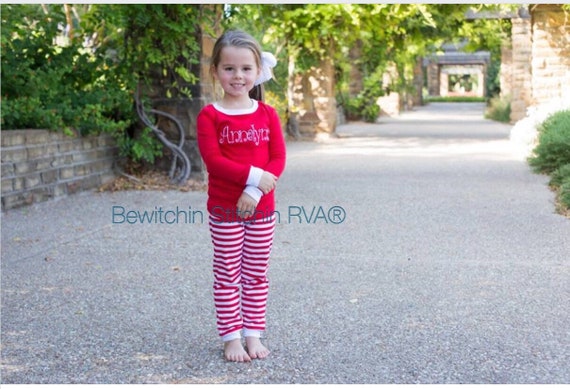 Personalized Child Pajamas,  Girls Pajamas, Unisex Pajamas, Boys Pajamas, Red and White Stripe, CLEARANCE