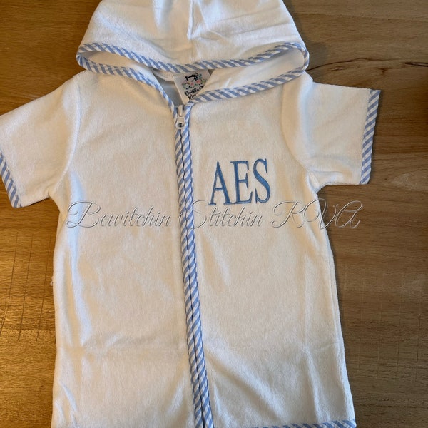 Personalized Swimsuit Cover-Up, Babies, Toddlers, Boys, White, Blue Seersucker Trim, Red Trim, Green Trim, Embroidered, Monogrammed
