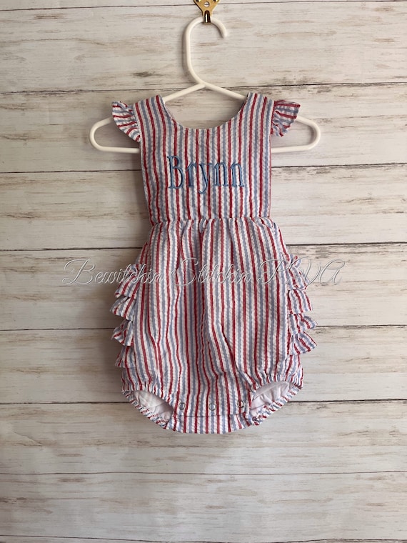Monogrammed Toddler Ruffle Bottom Patriotic Seersucker Sunsuit, Toddler Romper, Bubble Sunsuit, Fully Lined, Baby Bubble, 4th of July Romper